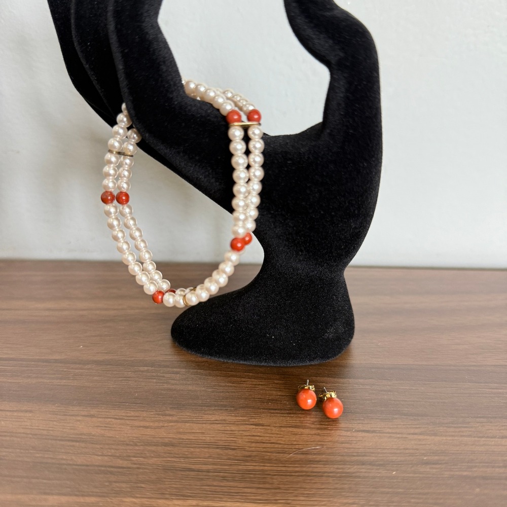 925 Sterling Silver Faux Pearl Red‎ Coral Bead Bracelet Earrings Set